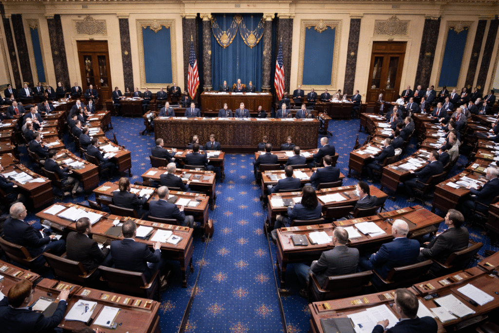 Wide view of the U.S. Senate chamber during a legislative session, with senators seated at desks and the presiding officer at the central dais.