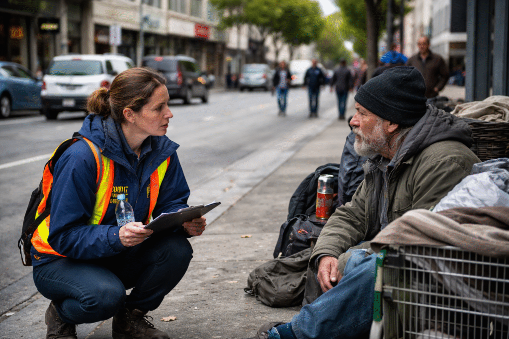 Street view in San Francisco showing a public health outreach worker talking with a person experiencing homelessness on a city sidewalk.