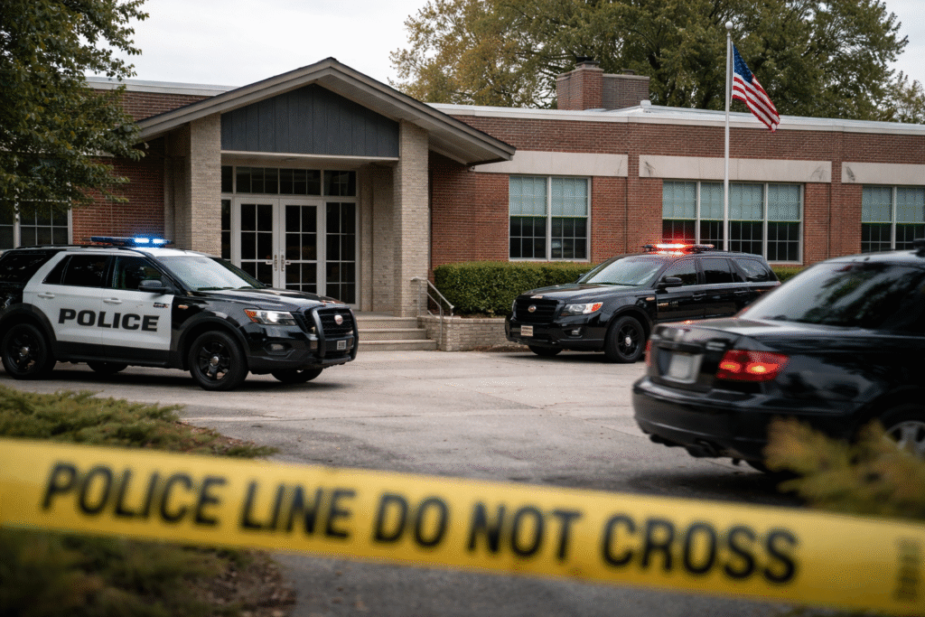 Exterior of Randolph Eastern School Corporation building with police vehicles and subtle police tape, representing the law enforcement investigation at the school.