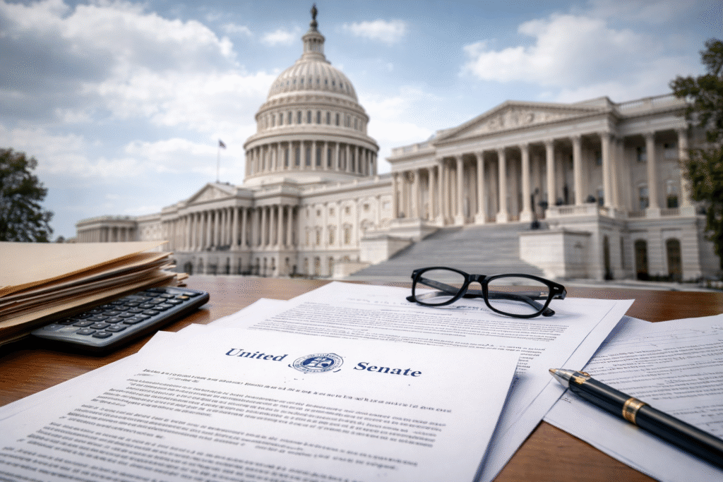 U.S. Capitol building with Senate exterior in view and congressional inquiry paperwork in foreground, symbolizing Senate investigation and funding oversight.