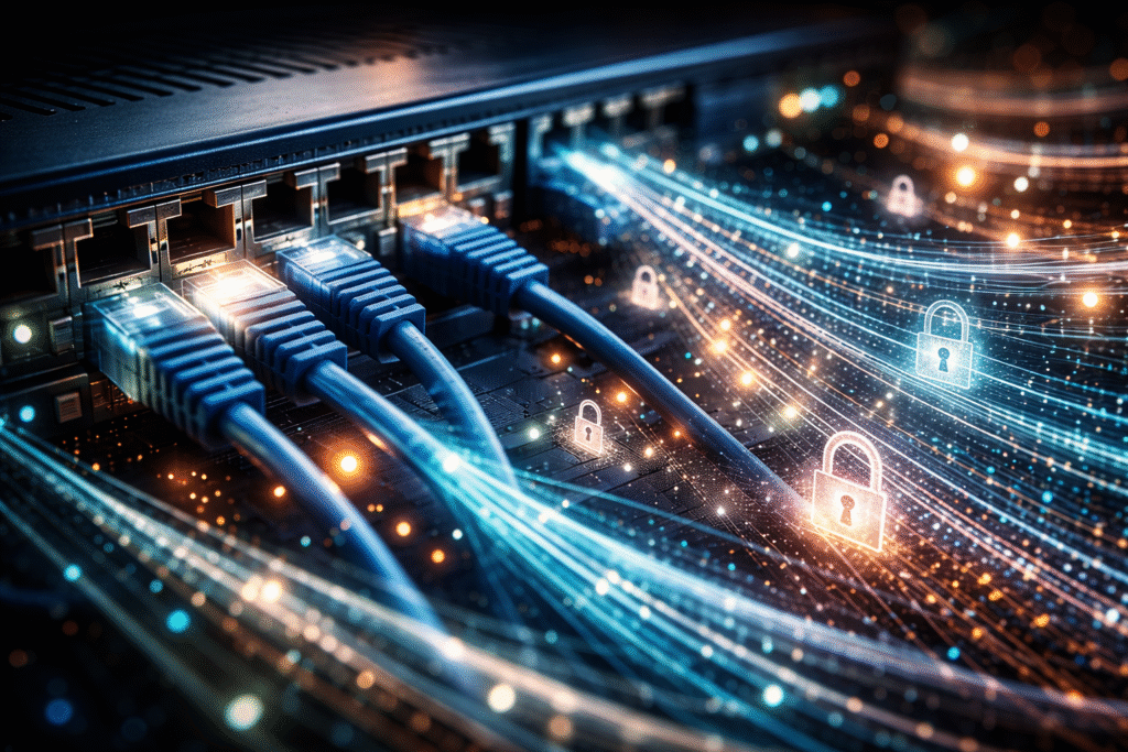 Close-up view of networking hardware with illuminated fiber optic cables and abstract encrypted data light trails symbolizing digital privacy and internet freedom.