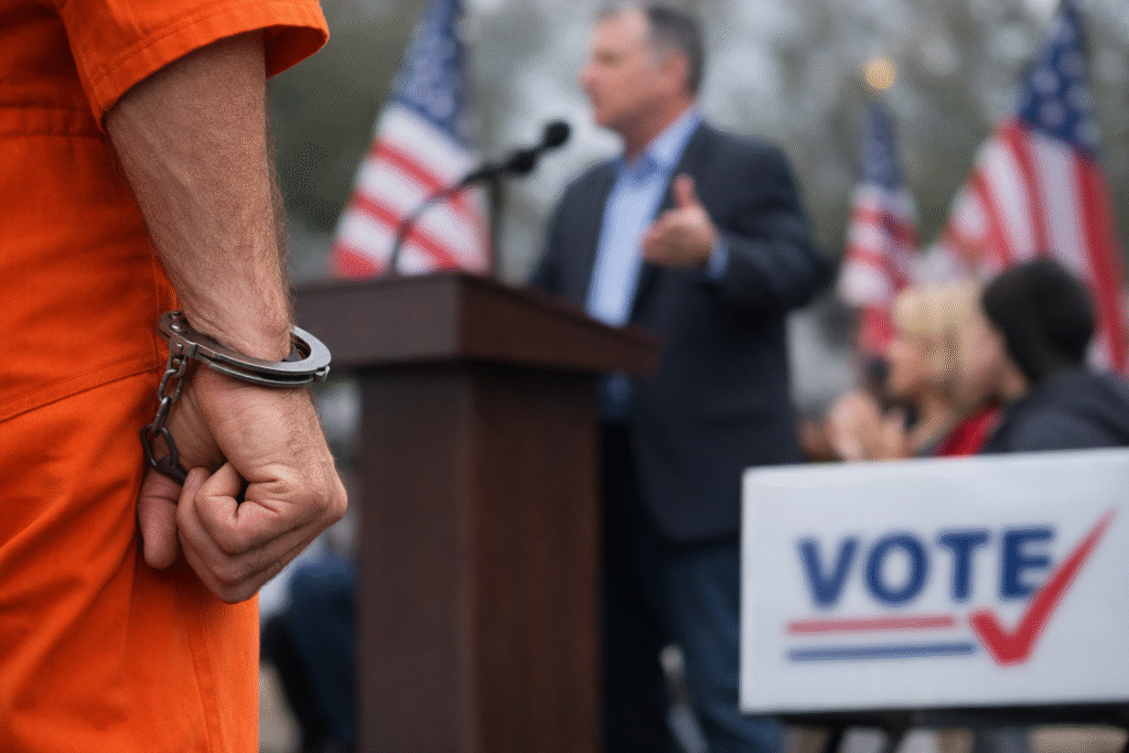 Close-up of a handcuffed person in an orange jumpsuit in the foreground, with a blurred political candidate speaking at a podium and a vote sign in the background.
