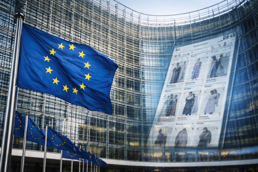 European Union Commission building in Brussels with EU flag, symbolizing regulatory investigation into online retailer Shein.