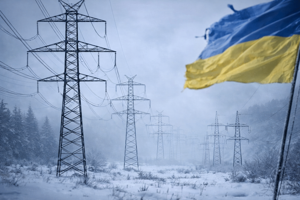 Electricity transmission towers in snowy landscape symbolizing Slovakia’s halt of emergency electricity supplies to Ukraine amid an energy dispute in Europe.
