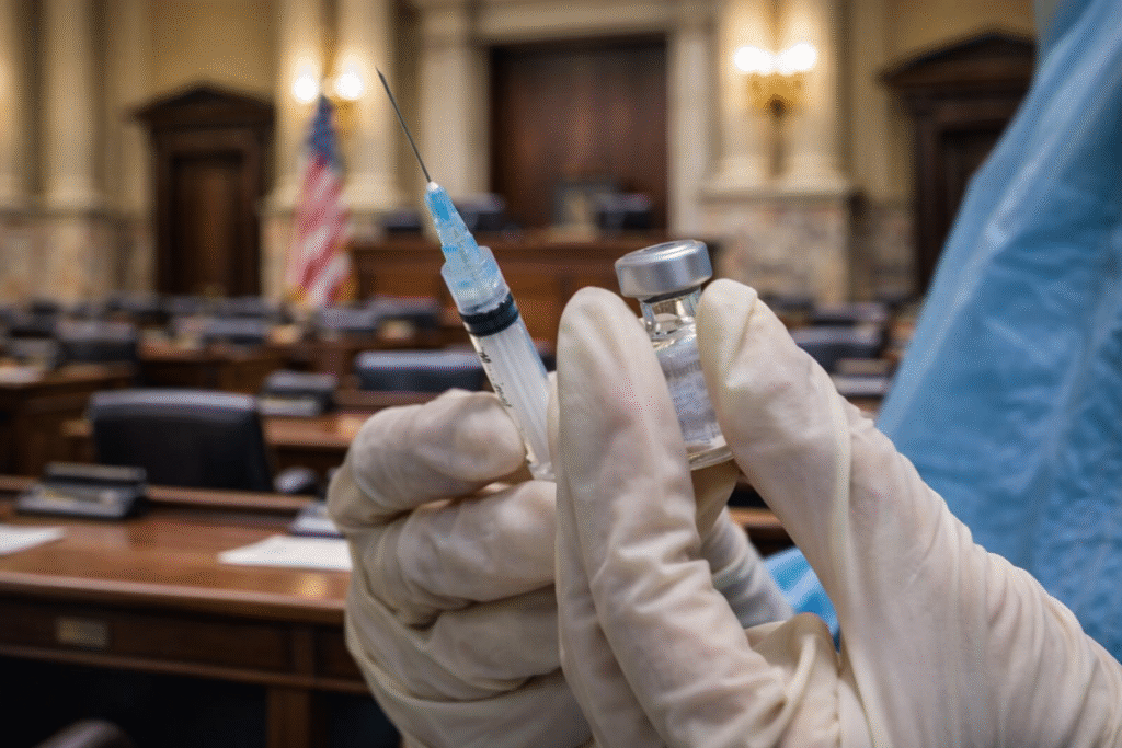 Close-up of gloved medical hands holding a syringe and small vaccine vial, with a blurred legislative chamber and American flag in the background.