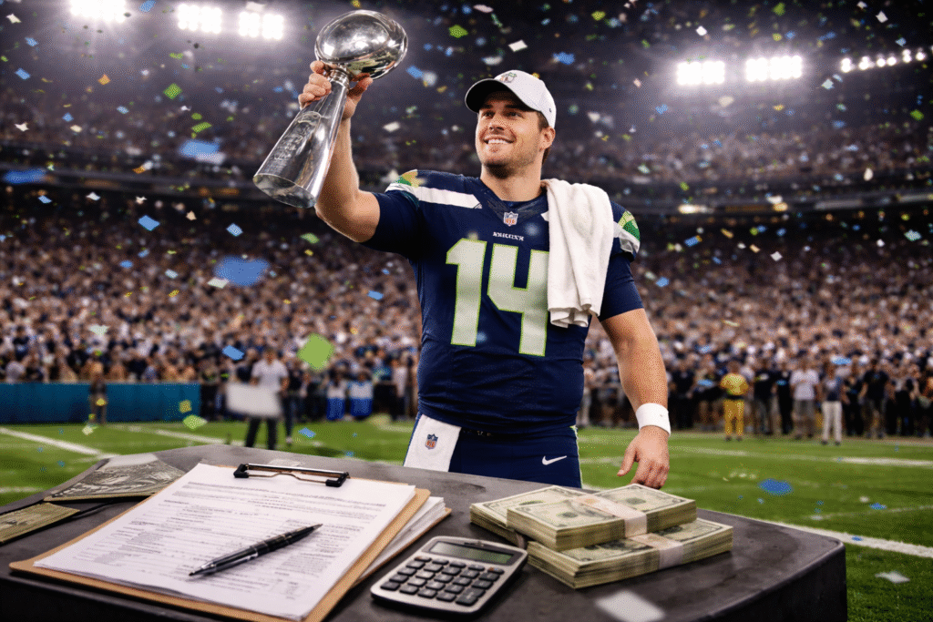 Seattle Seahawks quarterback in uniform holding the Super Bowl trophy on the field with confetti falling, with tax forms and financial documents visible on a sideline table, representing Sam Darnold’s financial loss due to California’s jock tax.