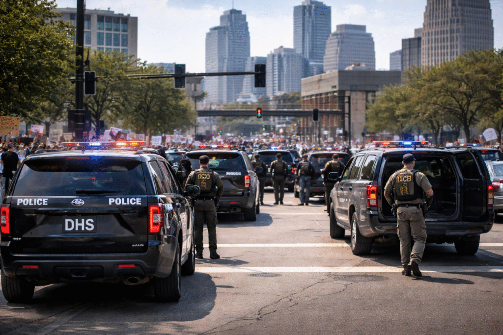 Federal law enforcement vehicles and officers departing a Minneapolis street intersection with the city skyline in the background, representing the withdrawal of 700 federal agents from immigration operations in Minnesota.