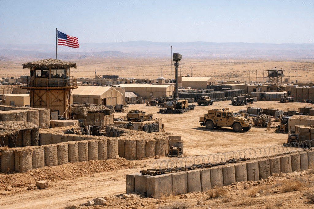 Exterior view of a US military base in Syria showing fortified structures in a desert environment with vehicles and perimeter defenses visible.