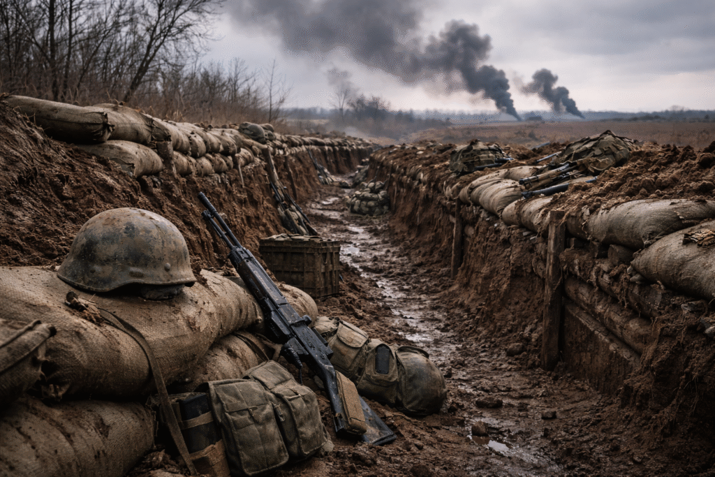 Muddy frontline trench in eastern Ukraine with soldiers’ gear and distant smoke, representing attrition warfare and heavy combat losses.