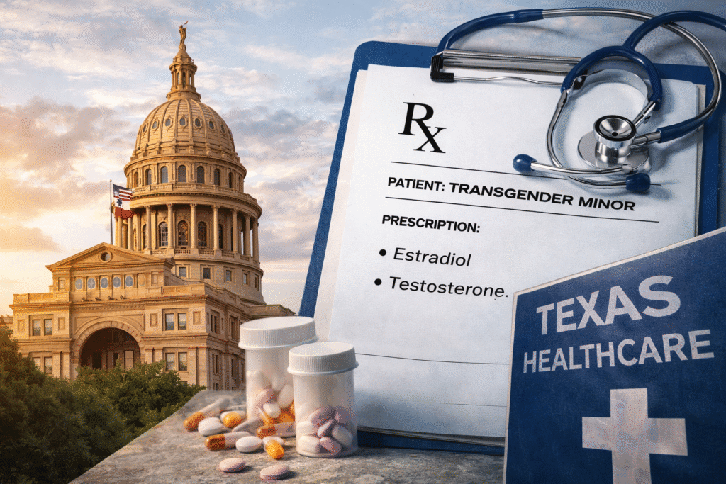 Texas State Capitol building with healthcare and prescription imagery representing a lawsuit over doctors prescribing gender-affirming drugs to minors on Medicaid.