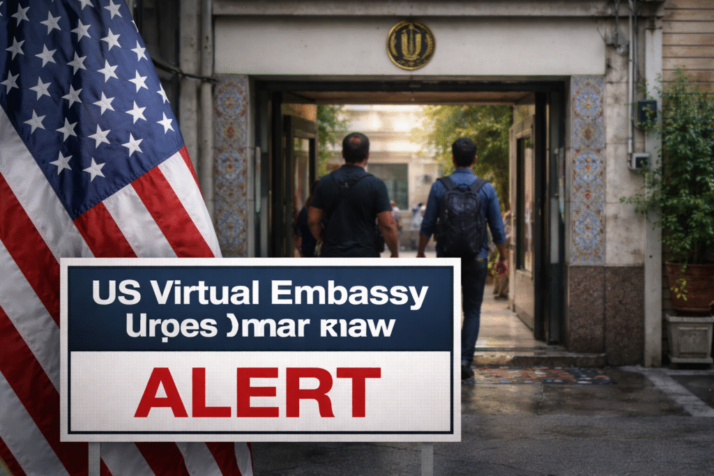 American flag in the foreground near a building entrance in Iran, with people walking away through the doorway, symbolizing a U.S. advisory urging American citizens to leave the country.