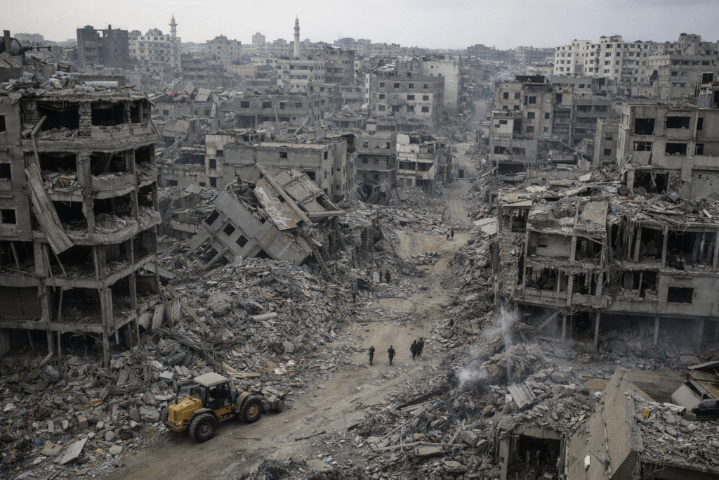 Wide view of heavily damaged buildings and rubble-filled streets in Gaza City, showing widespread destruction following prolonged fighting.