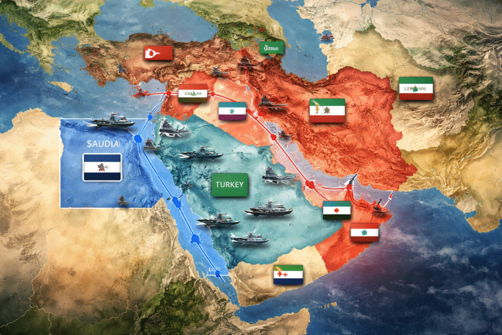 Geopolitical map illustrating competing political and military blocs across the Middle East region.