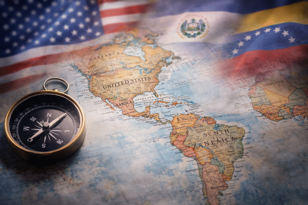 Photo-style image of a detailed map of the Western Hemisphere showing North and South America with a compass and subtle blended U.S. and Latin American flags in the background to represent geopolitical strategy and the evolving Monroe Doctrine.