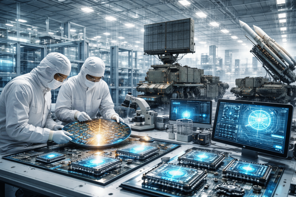 Photograph of a clean semiconductor manufacturing facility with engineers inspecting advanced gallium nitride chips next to military radar and defense hardware.