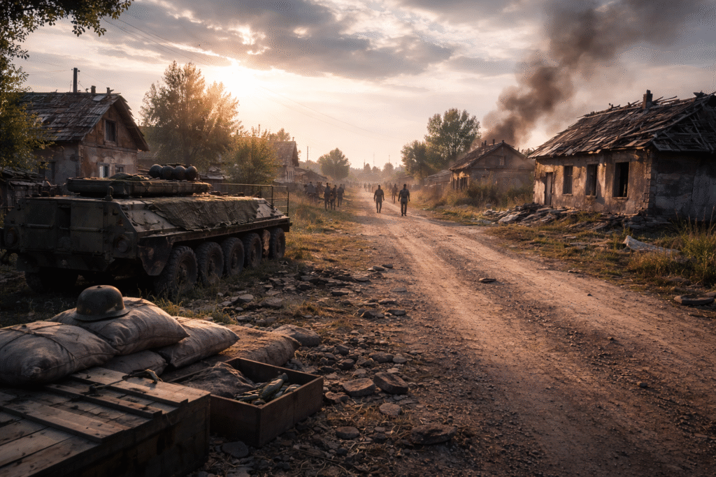 Rural village road in a frontline zone with scattered debris and unmarked military equipment under sunlight, representing the reported capture of Pridorozhnie village in Zaporizhzhia region.