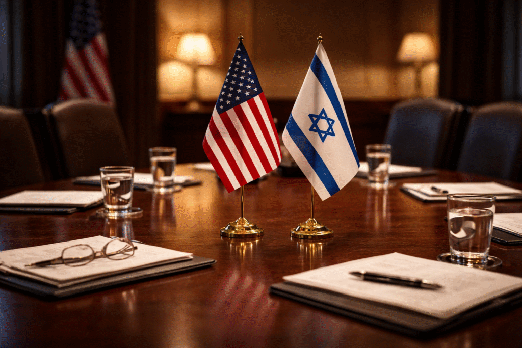 Conference room table with U.S. and Israeli flags side by side and papers, symbolizing backroom diplomatic negotiations.