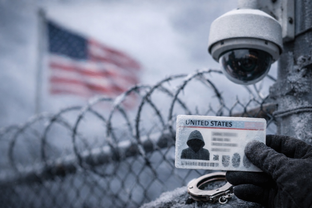 Gloved hand holding a frosted U.S. identification card near barbed wire fencing, with handcuffs and a security camera visible in a cold outdoor setting and an American flag blurred in the background.