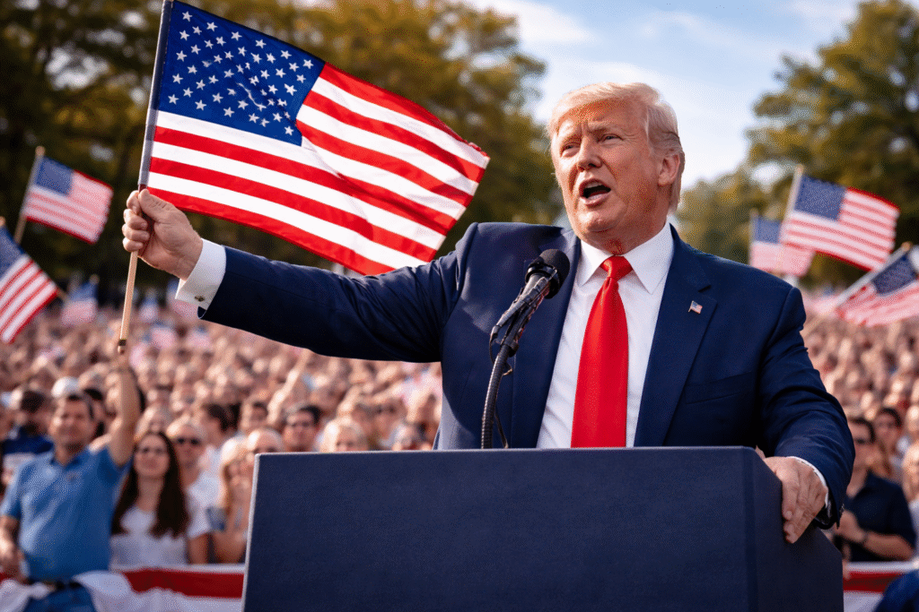 Political speaker at a podium with an American flag and supportive crowd in the background on a clear day.