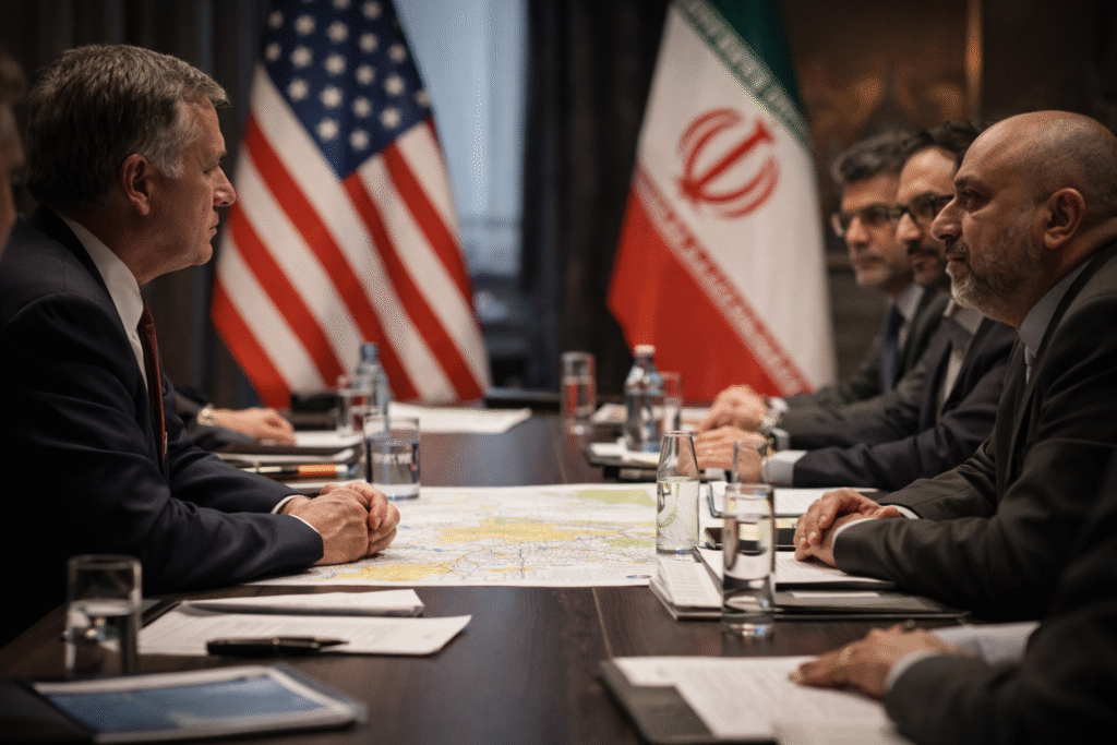 Diplomats from the United States and Iran seated at a negotiation table with maps and documents during nuclear talks.
