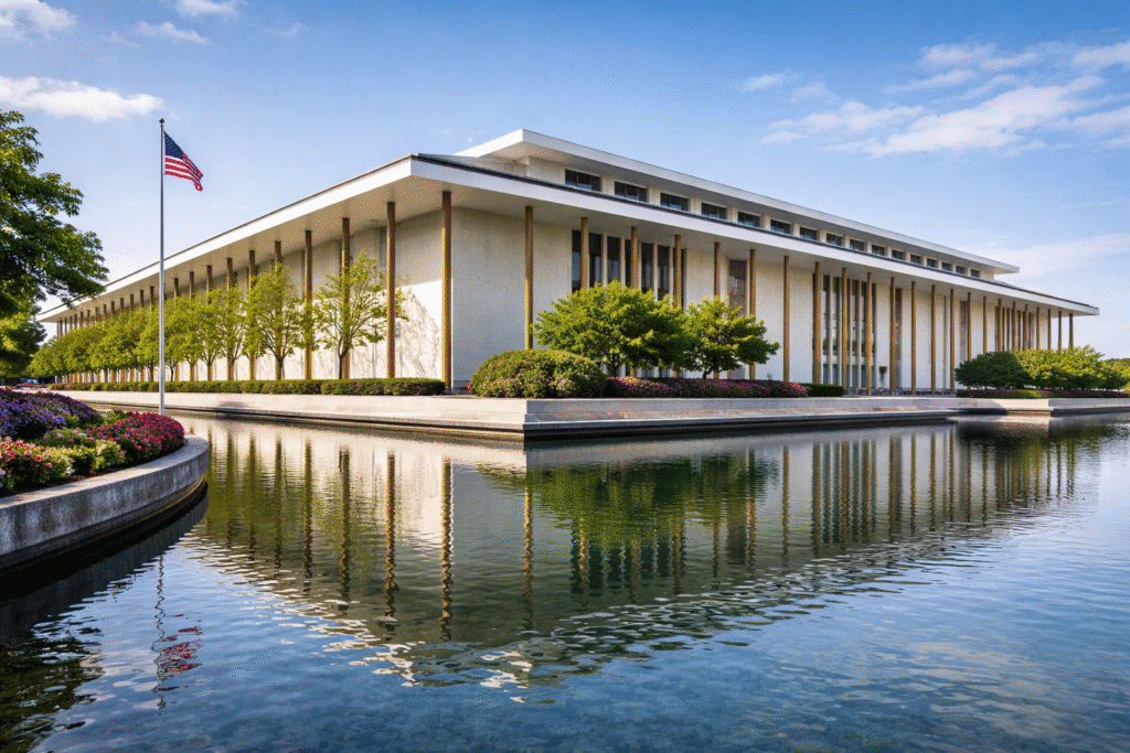 Exterior of the Kennedy Center for the Performing Arts in Washington, D.C., with its reflecting pool and grand columns on a clear day, symbolizing the planned two-year closure and renovations announced by President Trump.