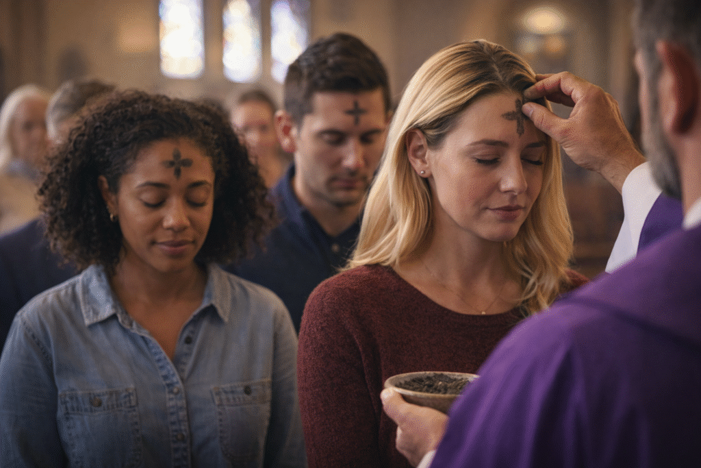 Worshippers in church receiving ashes on their foreheads during an Ash Wednesday service symbolizing the start of Lent.