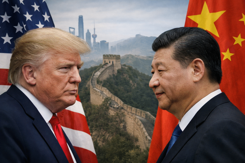 President Donald Trump and Chinese President Xi Jinping facing each other with U.S. and Chinese flags and the Great Wall of China in the background.