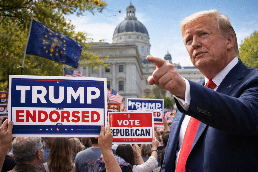 Photo of a generic political campaign scene outside an Indiana building with flags and signage, symbolizing Republican primary contests and Trump endorsements.