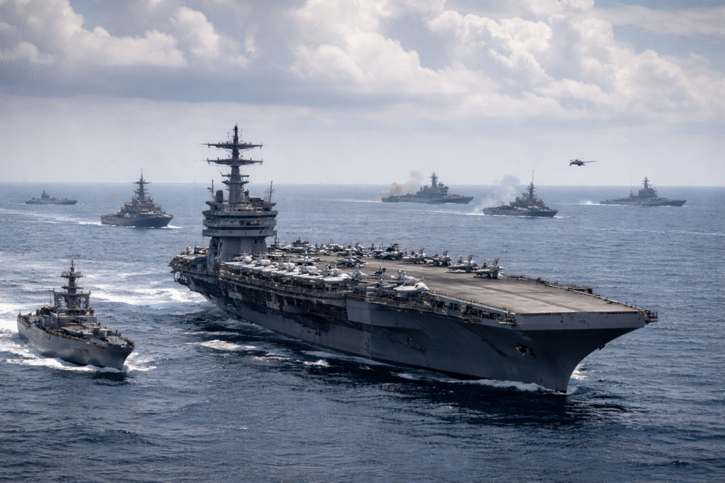U.S. aircraft carrier strike group at sea with accompanying warships and aircraft, with distant naval vessels conducting military drills under a cloudy sky.