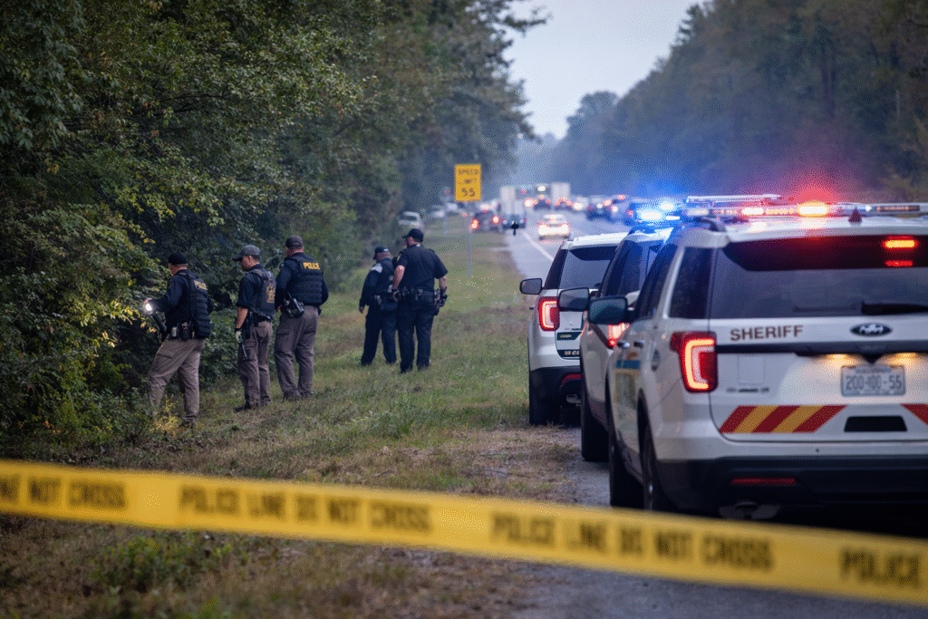 Law enforcement vehicles and officers searching along a roadside in Alabama during the investigation into a missing mother and two children.