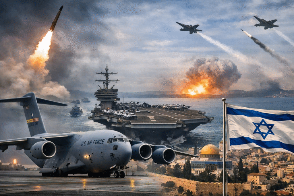 U.S. military transport aircraft on a runway in Israel with Jerusalem skyline and aircraft carrier operations symbolizing rising regional tensions.