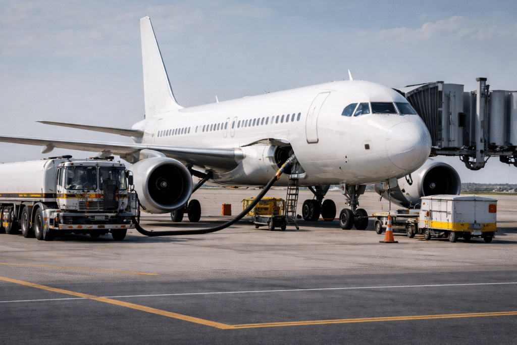 Airplane at an airport refueling area with fuel trucks and equipment, illustrating pilots detained during a fuel stop.