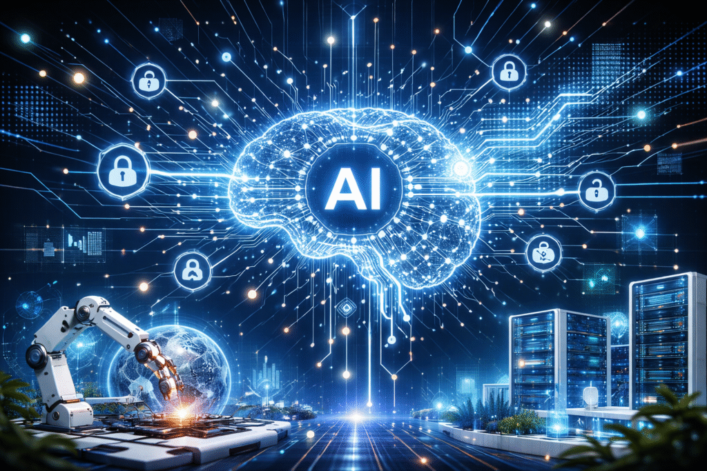 Glowing digital neural network shaped like a brain with illuminated data connections, robotic arm assembling circuitry, and server racks in a futuristic AI data environment.