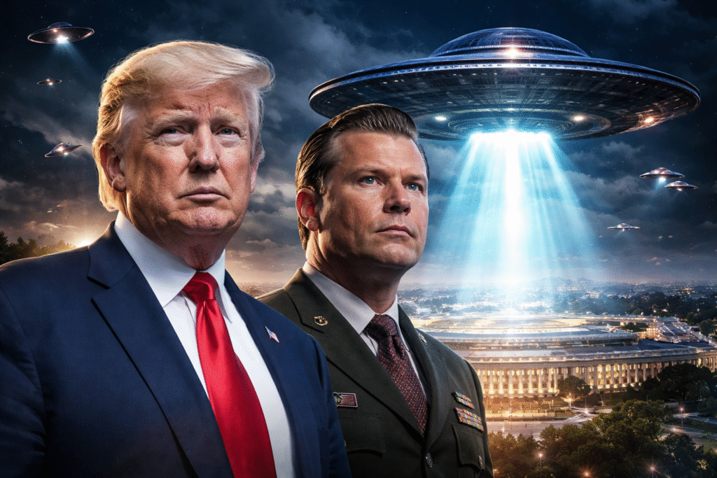 Pentagon building at night under a glowing unidentified flying object with beams of light illuminating the complex and multiple aerial craft visible in the sky.