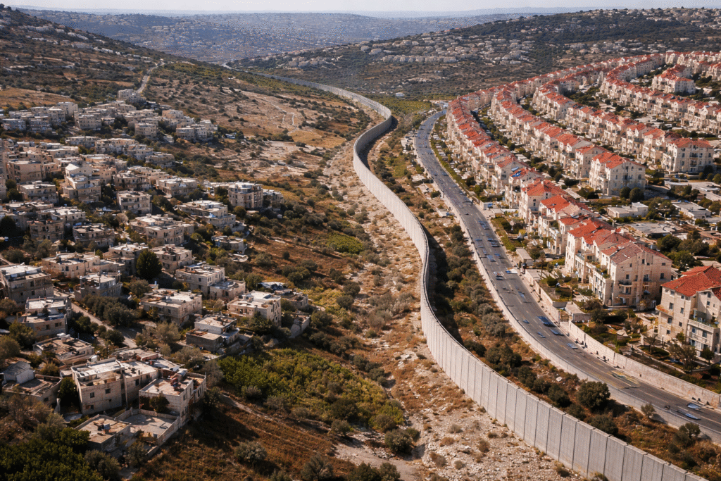 Aerial view contrasting an Israeli settlement with Palestinian West Bank territory, showing housing clusters and separation barriers.