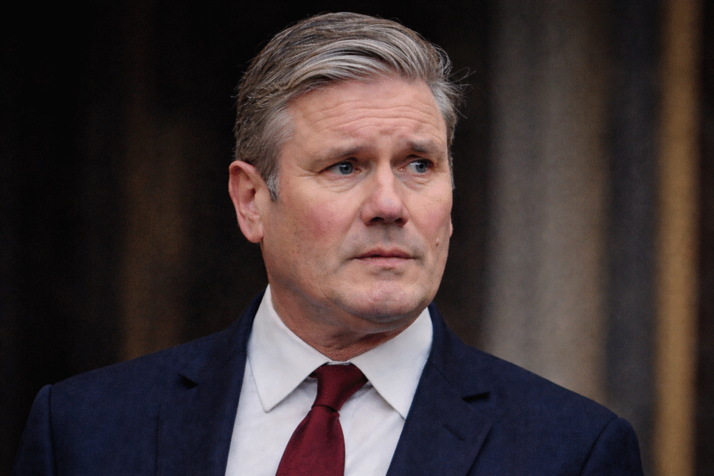 Portrait of UK Prime Minister Keir Starmer wearing a navy suit and burgundy tie, looking serious with a blurred outdoor background.
