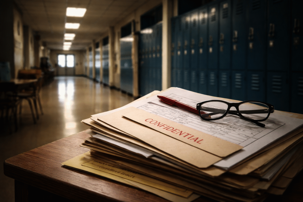 Dimly lit school hallway with blue lockers in the background and a stack of confidential student files on a desk in the foreground, symbolizing reports made against students.