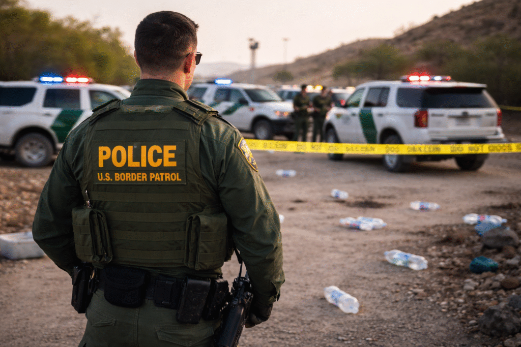 Photograph of a U.S. federal law enforcement officer in tactical gear at a border crossing scene, symbolizing the dropped assault charge after a man allegedly threw frozen water bottles.