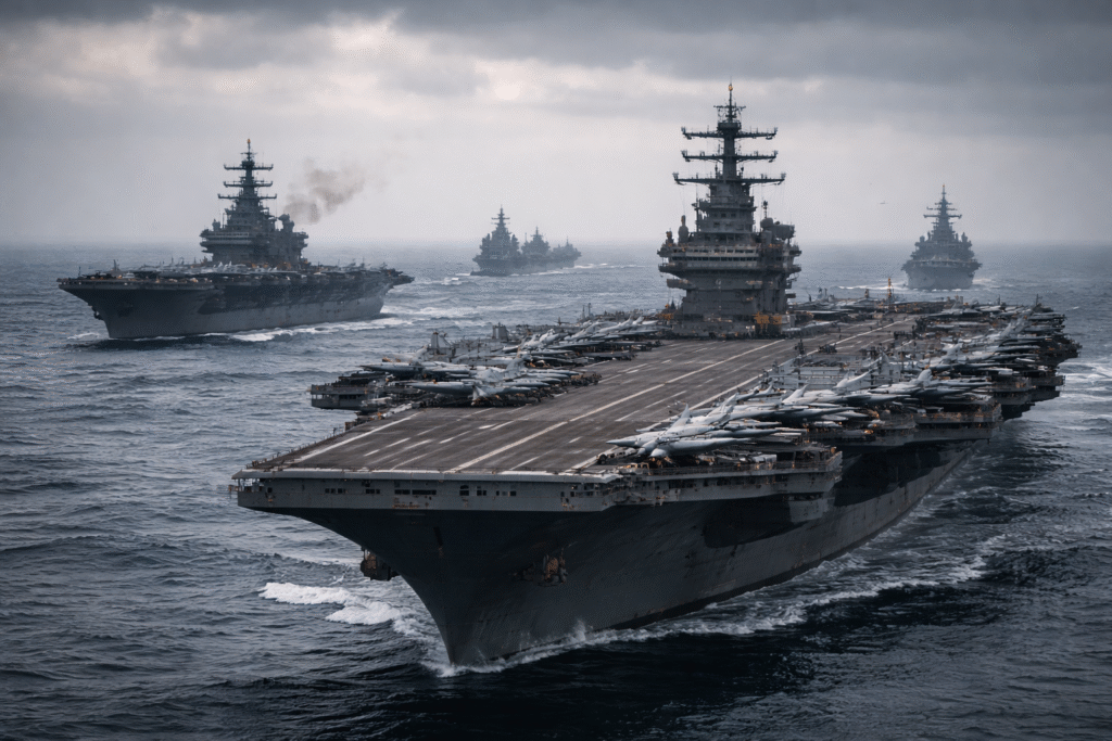 US aircraft carrier strike group with fighter jets and support ships sailing at sea under cloudy sky, illustrating military buildup near Iran.