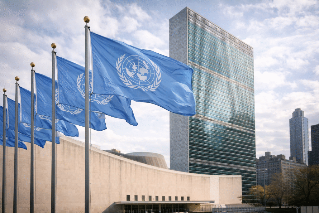 United Nations headquarters in New York City with UN flags flying, representing global concern over the humanitarian impact of blockade measures against Cuba.