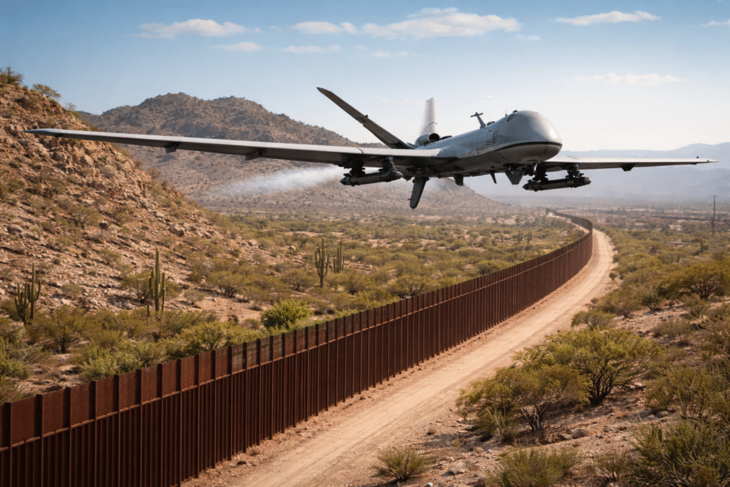 Photograph of a military drone flying at low altitude over a desert landscape near a border fence, representing the U.S. Pentagon’s shooting down of an unmanned border surveillance aircraft after it entered Mexican airspace.