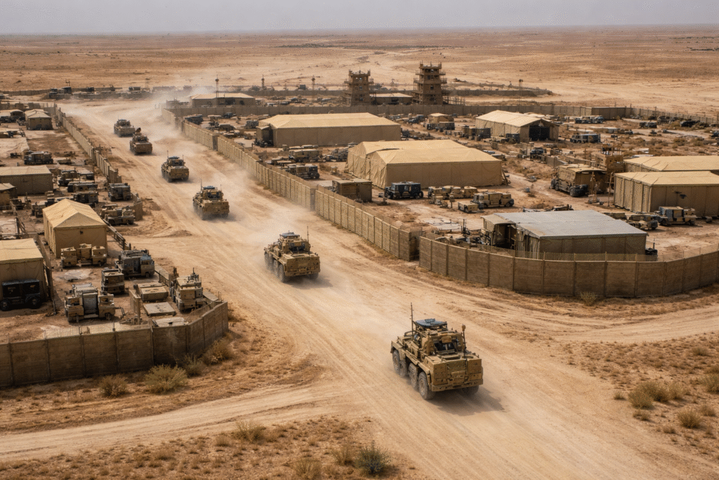 Aerial view of a US military base in Syria with vehicles departing and structures visible in a desert landscape.