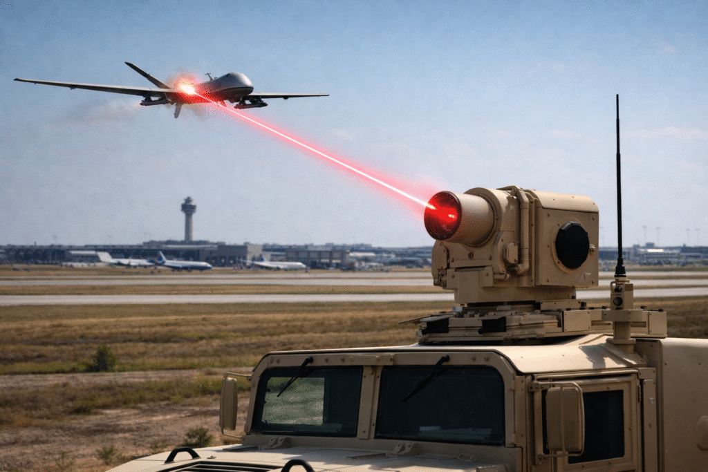 Photograph of a military laser system tracking an unmanned aerial drone in flight near an airport runway, symbolizing the U.S. response to aerial threats near Texas airspace.