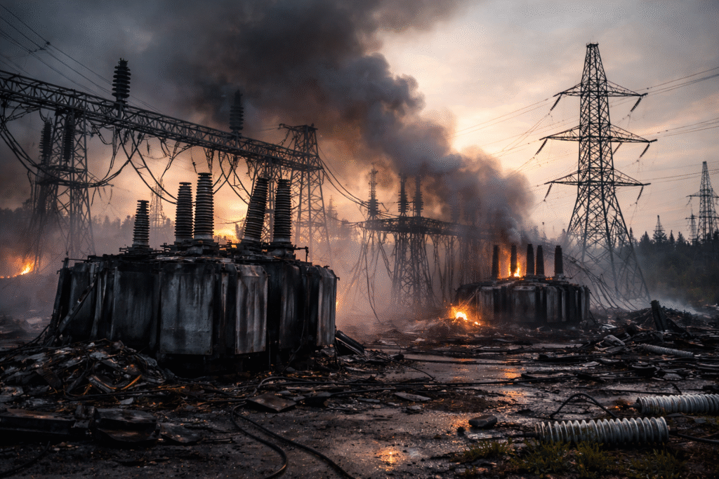 Damaged high-voltage electrical substation with leaning utility towers and rising smoke haze at dawn, symbolizing reported strikes on the Kyivska power facility west of Kyiv.