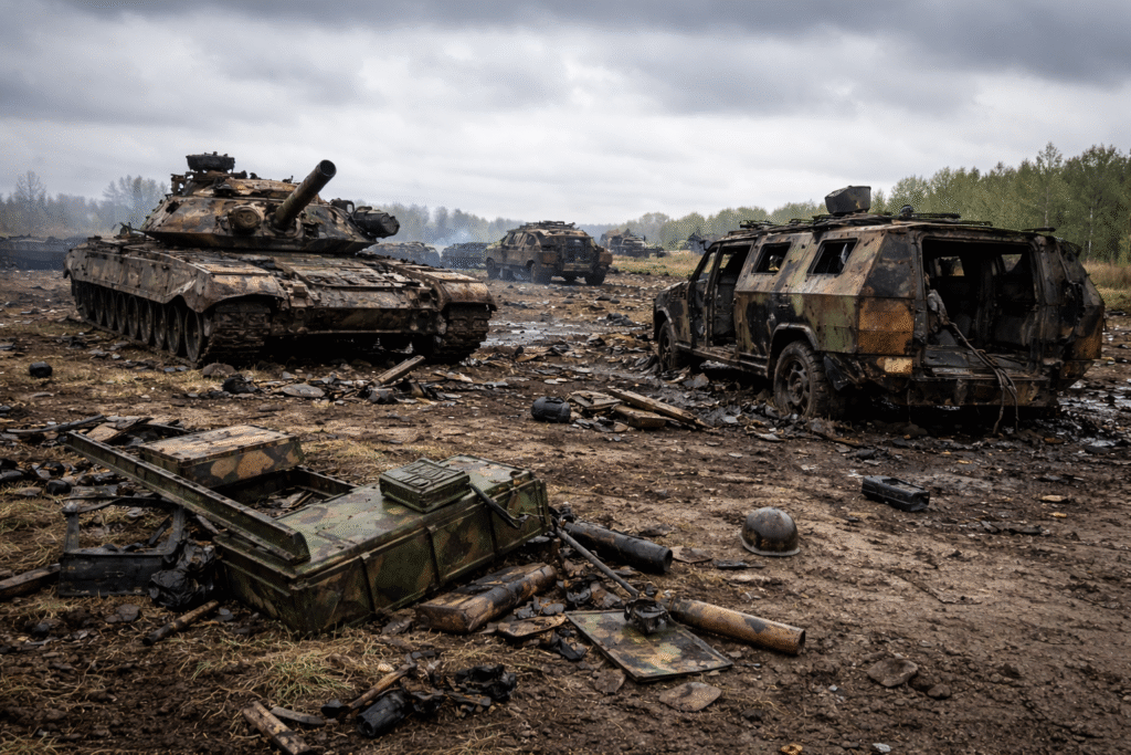 Destroyed military vehicles and scattered equipment in a field representing large equipment losses during ongoing conflict.