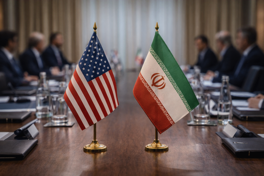 United States and Iranian flags on display at a Geneva negotiation table as diplomats prepare for talks amid tensions over U.S. threats and Iranian response.