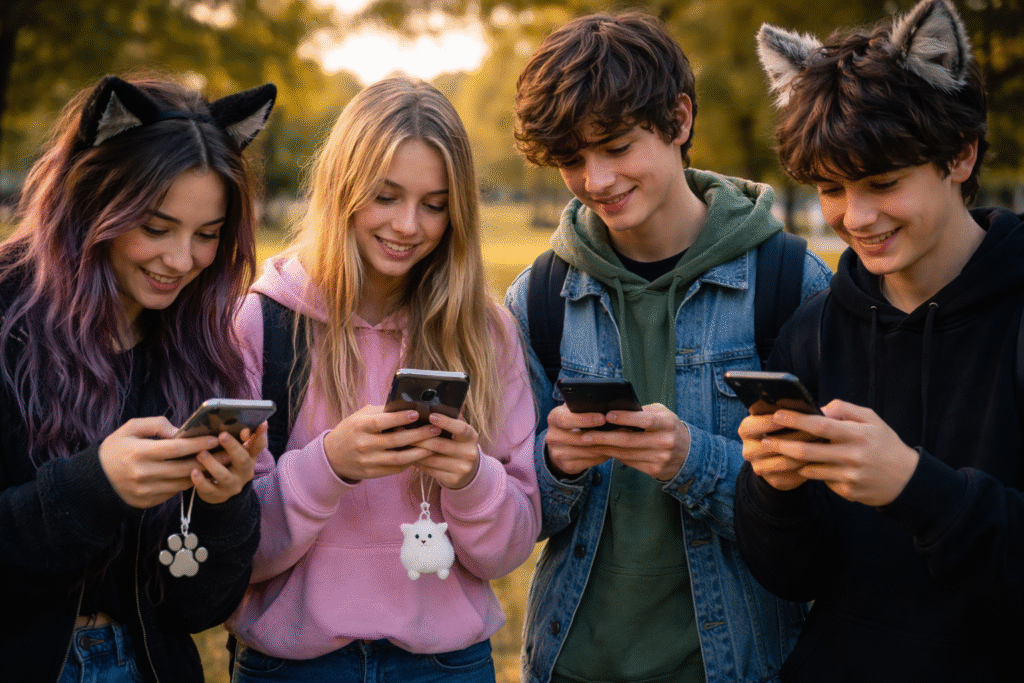 Photograph of a group of teenagers in a park holding smartphones and interacting with social media, symbolizing youth engagement with online identity trends.