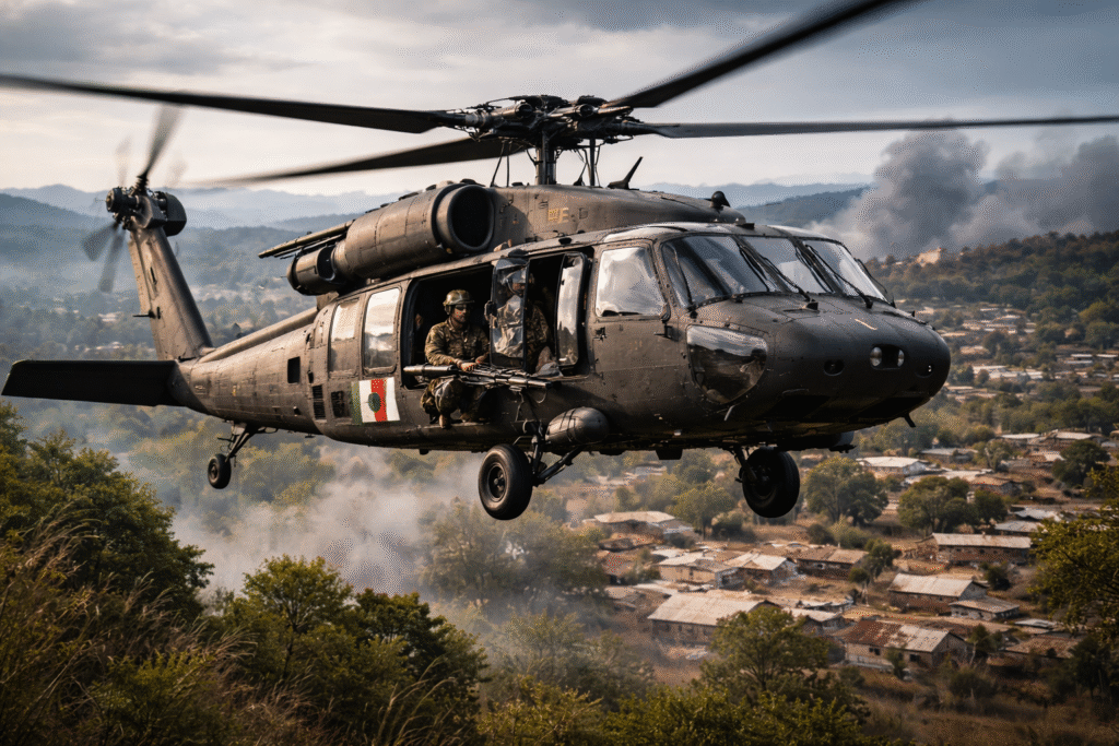 A UH-60 Black Hawk military helicopter flying over terrain during a patrol mission representing air operations in anti-cartel efforts.