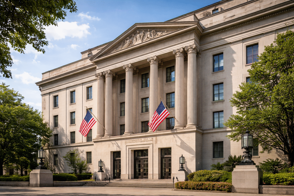 Exterior of the US Department of Justice headquarters building in Washington, D.C., representing a federal legal and policy setting.