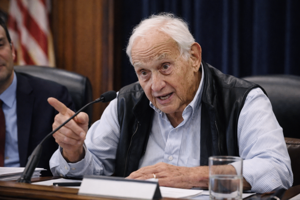 Elderly man speaking during a congressional-style deposition, gesturing toward a microphone while seated at a wooden hearing table with documents and a glass of water.